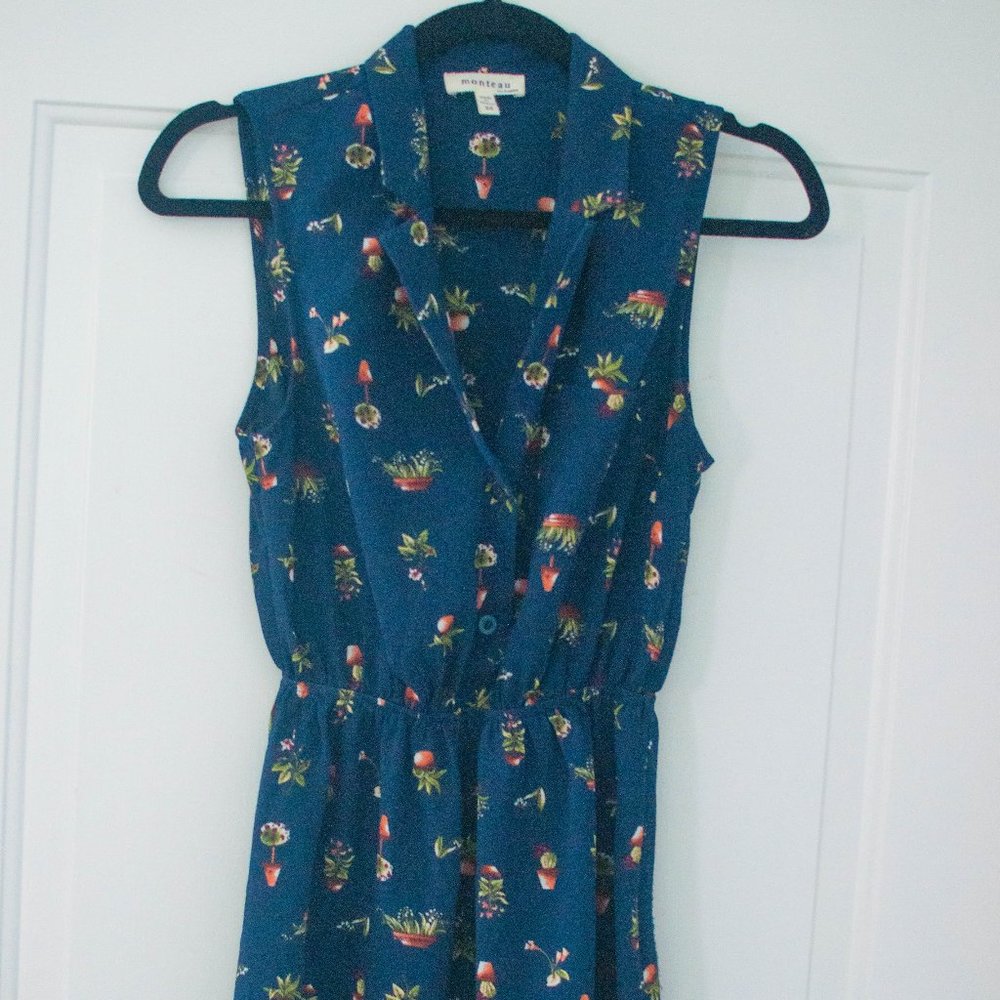 Navy Blue Plant Pattern Sleeveless Dress